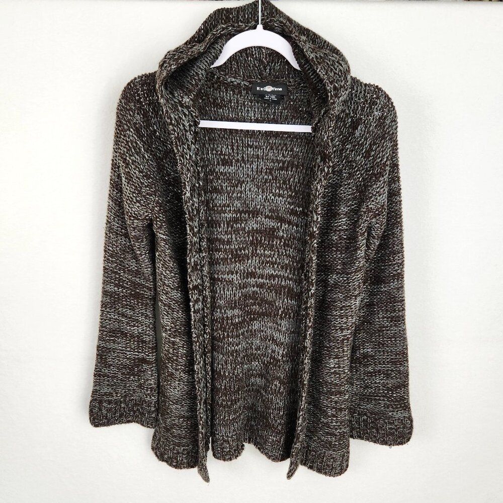 It's Our Time Open Front Hooded Cardigan Size L Gray Brown w/ Metallic Thread